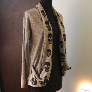 Grey skull drape front long cardigan